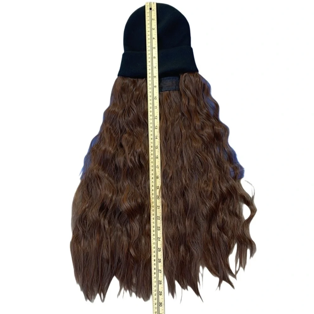 Long Curly Wavy Brown Hair Beanie Wig • Black Knit Hat Attached Extensions 30”